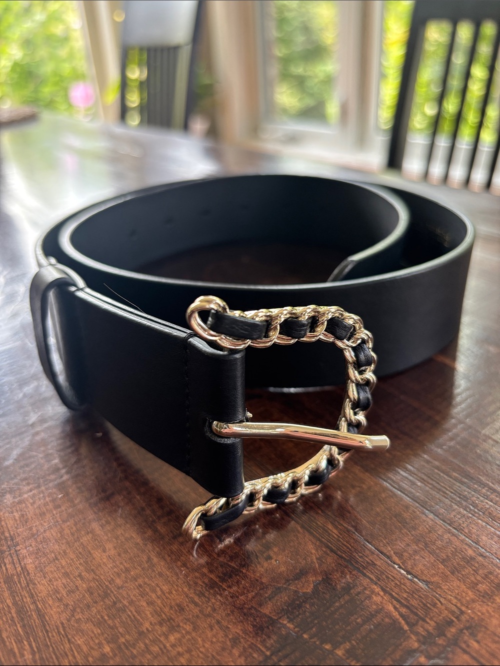 B-Low the Belt Black Leather Belt with Gold Chain-Link Buckle